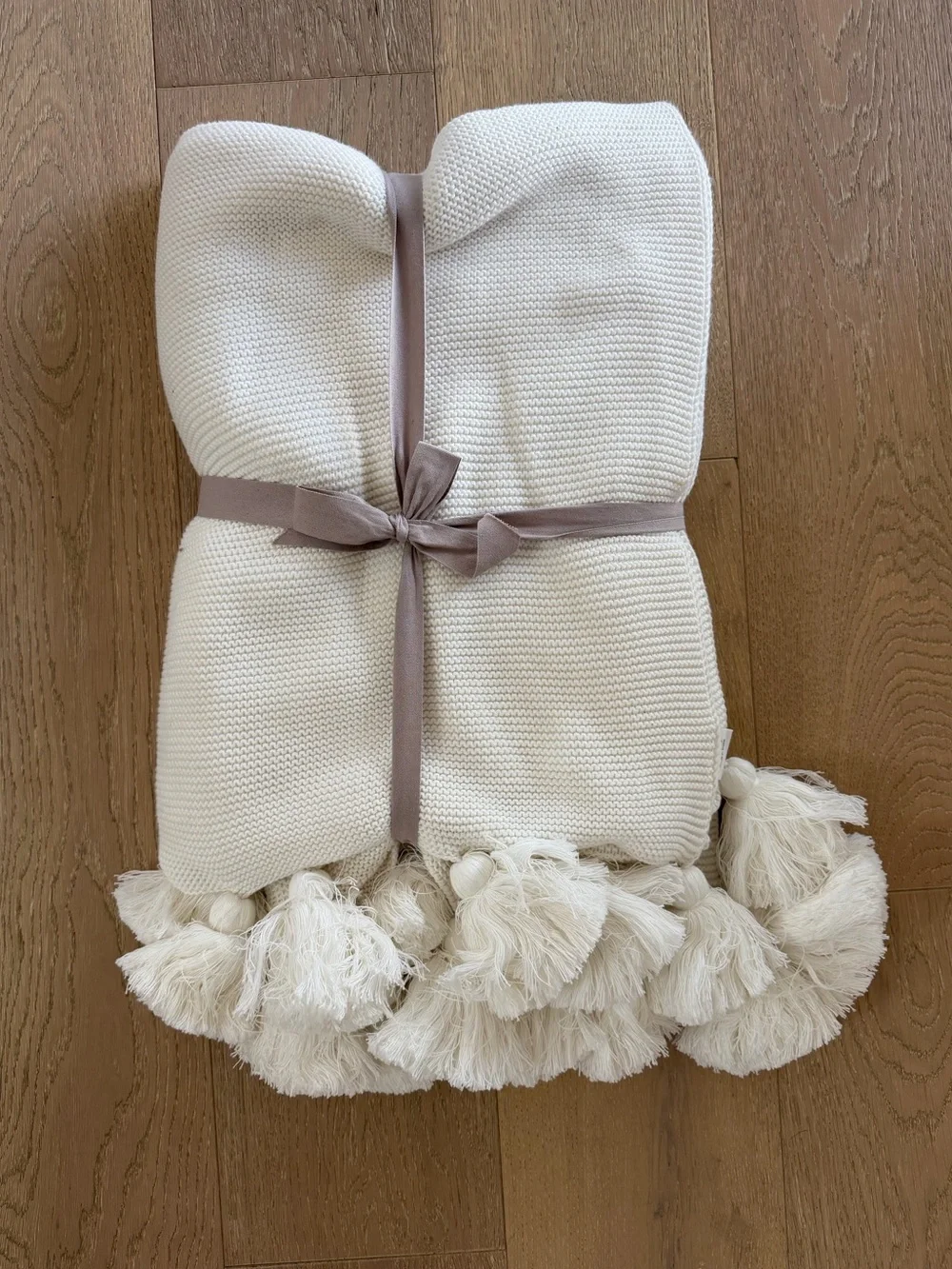 Arhaus Ivory Knit Pom Pom Tassel Throw Blanket